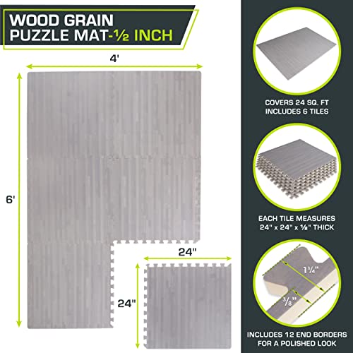 Image of ProsourceFit Wood Grain Puzzle Mat -inch, 6 EVA Foam Interlocking Floor Tiles (24 SQ FT) for Secure Indoor Gym Flooring, Office Spaces, Living Rooms, and Play Areas, Slate Grey