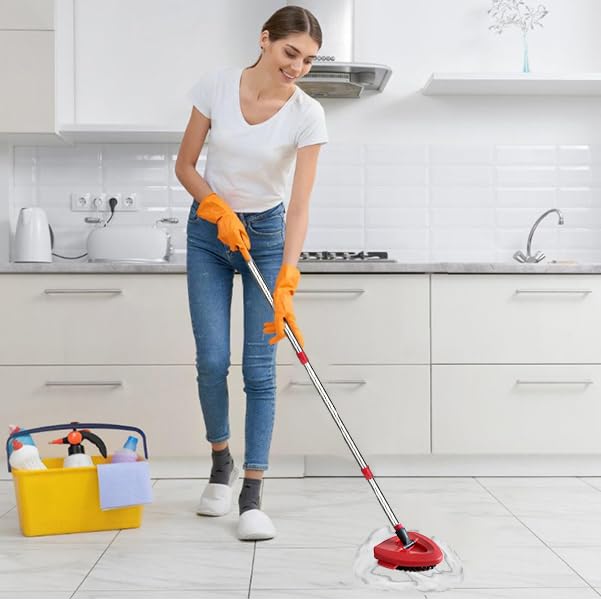 Image of Spin Mop Replacement Handle and Mop Base Replacements for OCeda EasyWring 1-Tank Spin Mop System,4-Section Iron Mop Handle 30-58in and 1 Mop Base and 1 Scrub Brush Cover Set Combo, Red