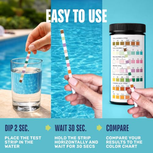 JNW 7-in-1 Pool Test Strips, 100 Quick & Accurate Test Strips for Pool Water, Spa Test Strips for Hot Tub, Chlorine Test Strips, Bromine, pH, Alkalinity, Hardness & More - Swimming Pool Test Kit