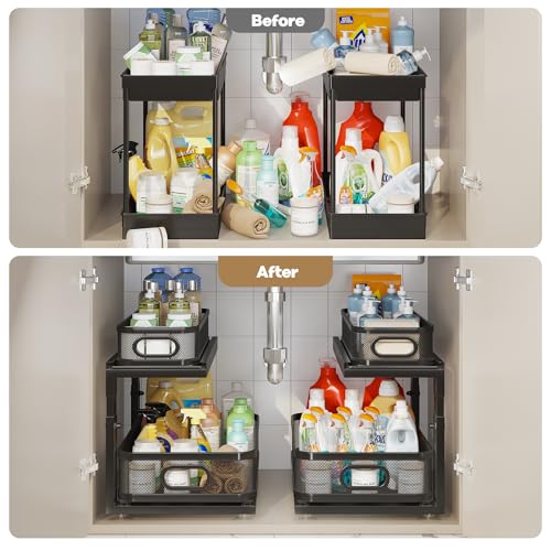 Image of 2 Pack 18.5IN-Depth Under Sink Organizer With Next-Gen Ball-Bearing Slides,2-Tier Precision Mesh Pull Out Cabinet Storage for Bathroom&Kitchen,Height Adjustable Drawers Shelf,Anti-rust-Black