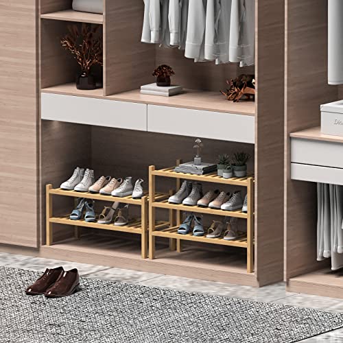 (Thick Bamboo Shoe Rack for Entryway, 2-Tier Free Standing Shoe Racks Stackable Shoe Rack Organizer for Hallway Closet Living Room 27 x12 x14 Inches