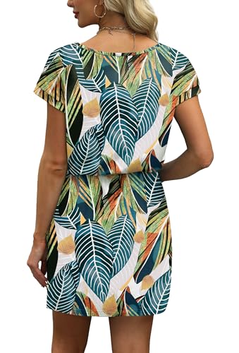Image of OFEEFAN Summer Dresses for Women 2026 V Neck T Shirt Casual Mini Dresses Tie Waist Sundresses with Pockets