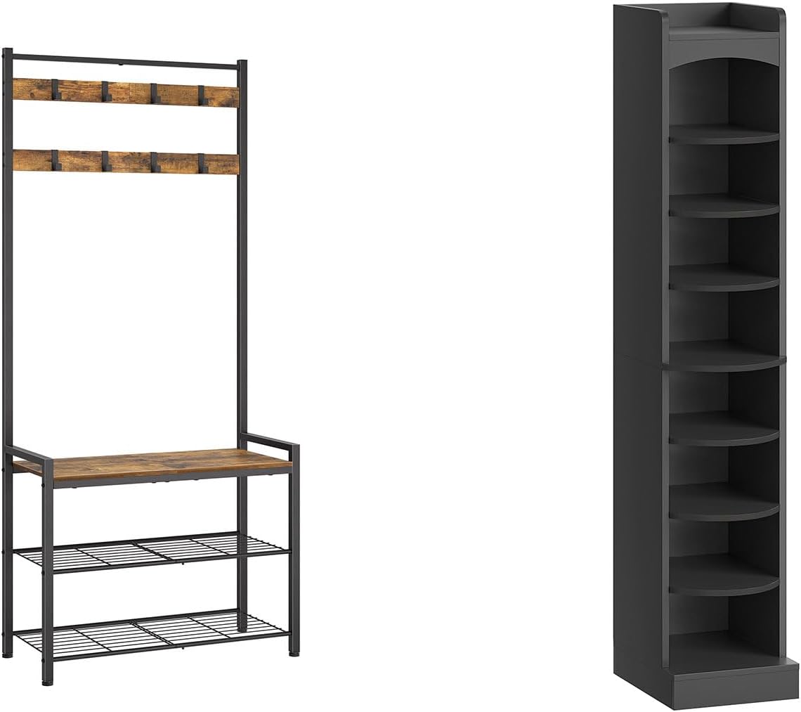 Hall Tree, Wooden Shoe Storage Organizer, Narrow Shoe Cabinet with Removable Shelves for Small Spaces, Holds 18 Pairs of Shoes, for Entrance, Hallway