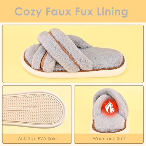 Women's Cross Band Slippers with Cozy Comfy Lining, Plush Warm Furry Open Toe House Shoes, Non-Slip Sole Slippers for Women3