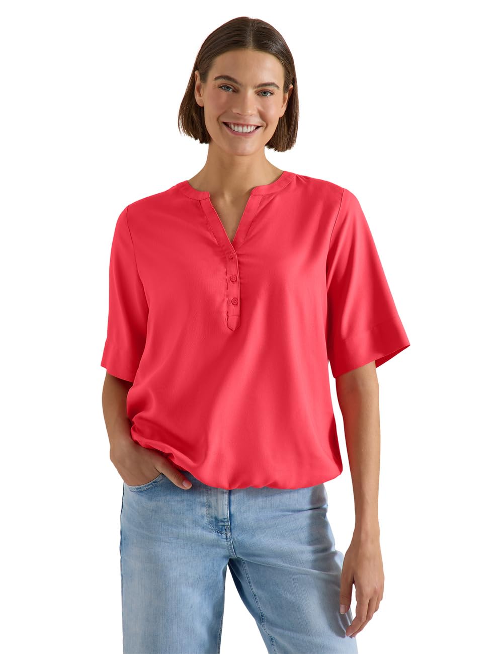 Cecil Women's Short Sleeve Blouse with Split Neck, Coral, L
