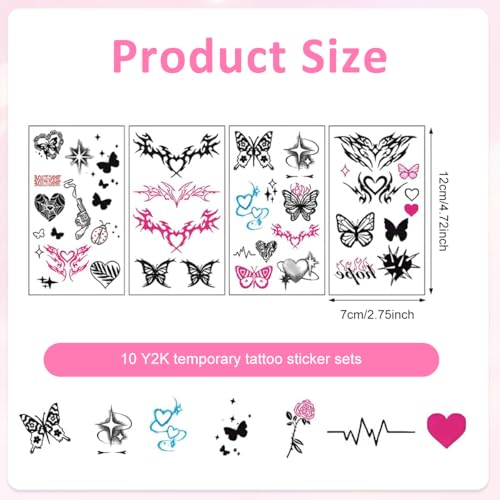 Image of MAYCREATE 10 Sheet Y2K Temporary Tattoo Stickers Set, Cute Y2K Style Water Transfer Tattoos, Butterfly Bow Heart Skull Tribal Flame & Grunge Body Art Stickers Festival Party Fashion Accessories