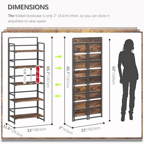 4NM No Assembly 5 Tiers Folding Bookshelf Storage Shelves Vintage Bookcase Standing Racks Study Organizer Home Office (Rustic Brown Black) - Image 3