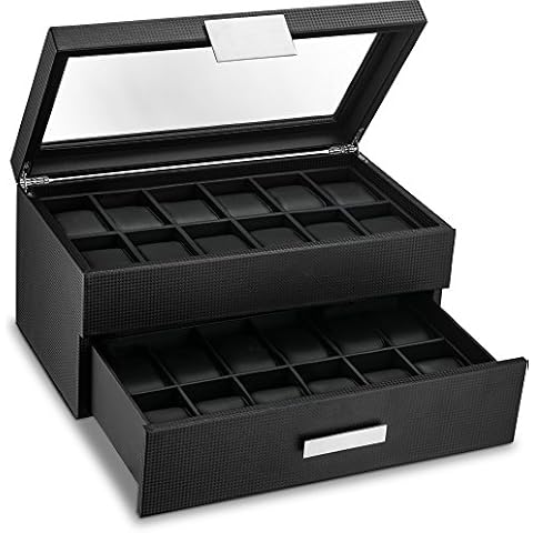 Glenor Co Watch Box for Men - 24 Slot Luxury Display Case Organizer, Carbon Fiber Design -Metal Buckle for Mens Jewelry Watches, Men's Storage Holder w Large Glass Top, Drawer & Leather Pillows- Black Cover