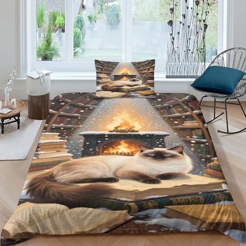 Juego De Ropa De Cama De Gato balinés para Niños, Juego De Funda De Edredón Single（135x200cm）, Decoración De La Habitación Nórdica, Tema Single（135x200cm）