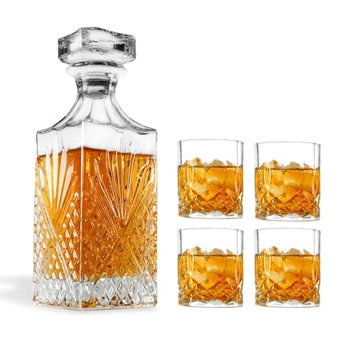 Licores, WHISKEY TOWN Vasos de Vidrio para Whisky con Decantador de Cristal (860 ml), 4 Vasos de Cristal para Whiskey (300 ml), Diseño de Corte Diamante, para Cognac,...