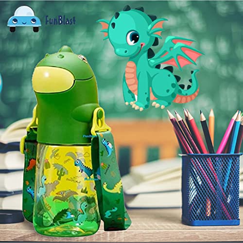 Image of FunBlast Dinosaur Water Bottle for Kids - Cartoon Design Anti-Leak Tritan Bottle With Sipper for School - 560 ML (Green, Pack of 1)