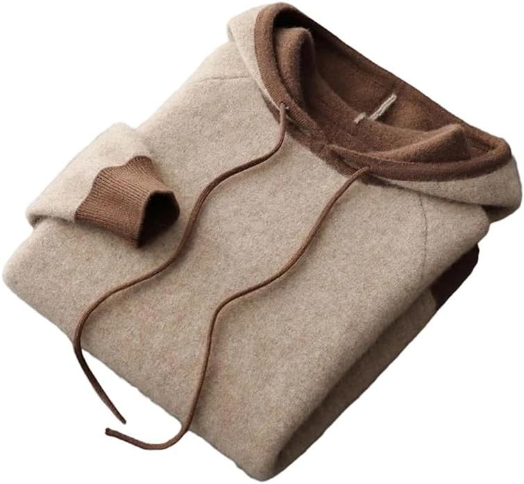Men's Hooded Pullover Sweater 100% Cashmere Thick Contrast Color Soft Knitwear Casual Comfort Top