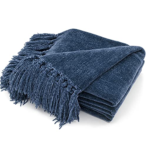 RECYCO Throw Blanket Soft Cozy Chenille Throw Blanket with Fringe Tassel for Couch Sofa Chair Bed Living Room Gift (Blue 50 x 60)