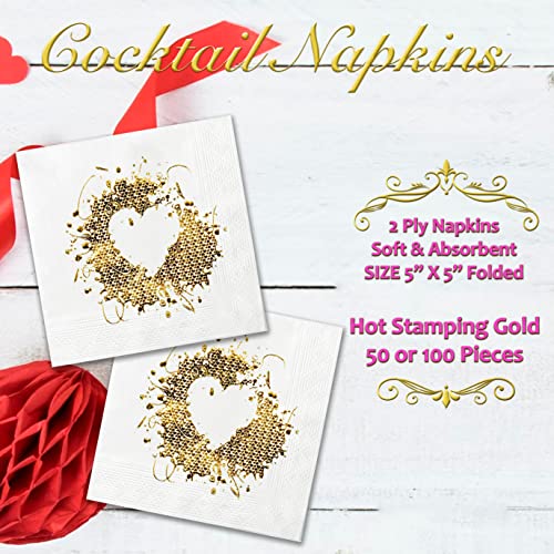 Love Heart Napkins Cocktail Disposable Paper Gold Foil 50 Pieces Pack 2 Ply 5"X5" Inches Beverage Saint Valentine Party Or Event Supplies #TOP2