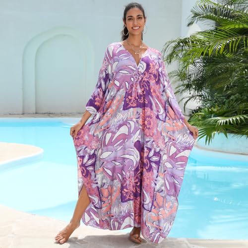 Image of IMAGEKOPE Women's Plus Size Animal Print V-Neck Batwing Kaftan Beach Dress Bathing Suit Cover-Up Loungewear