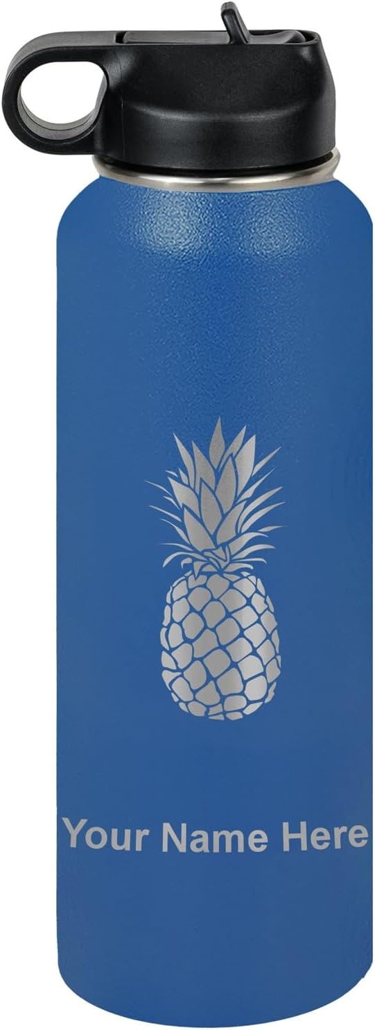 LaserGram Personalized Water Bottle, Pineapple, Stainless Steel Double Wall Vacuum Insulated with Flip Top Straw, Custom Engraved Gift (40oz / 1180ml Dark Blue)
