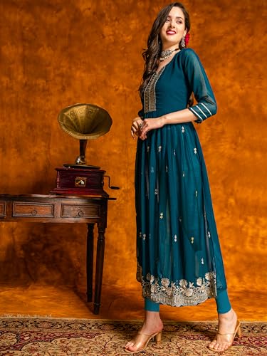 Image of EthnicJunction Women's Georgette Relaxed Fit A Line Embroidered Naira Cut A-Line Kurta | Karva Chauth Special Kurta