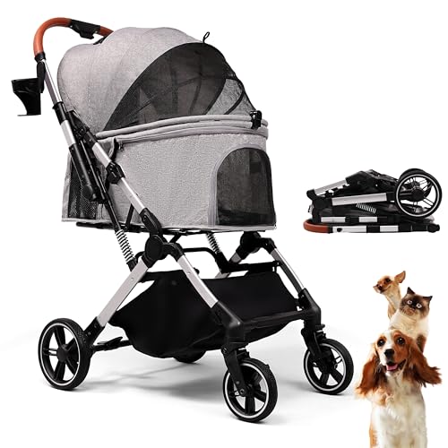 Pet Stroller for Small Medium Dogs Cats Up to 45 lbs, Travel Lite Collapsible, All Terrain 4 Wheels for Jogging, Running, Grey