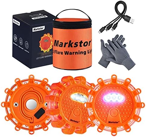 Markstor LED Road Flares 3 Pack Roadside Emergency Car Kit, Road Safety Flare Light USB Rechargeable (lithium battery）,Safety Beacon Warning Light | 9 Flash Modes,With Magnet & Hook