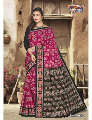 Image of Karishma lightweight mulmul (stiff) cotton saree featuring traditional ikat and warli prints, perfect for daily wear.