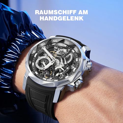 Image of FEICE FM511 Men's Automatic Skeleton Watch, Luxury Sapphire Crystal Glass Blue Dial Luminous Hands, 5ATM Waterproof Sport Wristwatch with Silicone Strap for Men, Casual Mechanical Watches for Men.
