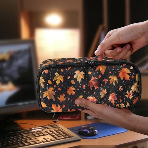 Image of Maple Leaves Kids Pencil Case for Boys Girls Large Pencil Pouch,Fall Pencil Container for 5-14 Years Children Pencil Bag for School Students Teenagers Pencil Organizer for Daily,Black