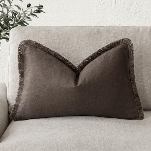 Image of Foindtower Decorative Linen Fringe Throw Pillow Covers Cozy Boho Farmhouse Cushion Cover with Tassels Soft Accent Pillowcase for Chair Sofa Bed Living Room Home Decor, 12x24 Inch, 1PC,Reddish Brown