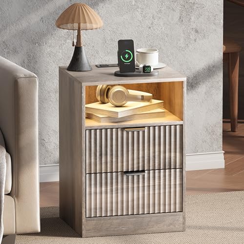 Image of Wodeer Fluted Nightstand Set of 2, LED Nightstand with Charging Station, Wood Nightstands with 2 Drawers & Metal Handles, Modern Bedside Table & End Tables, Farmhouse Night Stands for Bedroom, Grey