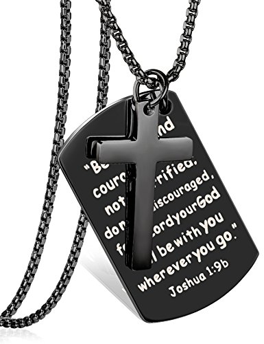 LOYALLOOK Stainless Steel Dog Tags Cross Necklaces Inspirational Jewelry Gift for Women Men Bible Prayer Joshua 1:9b Black Tone