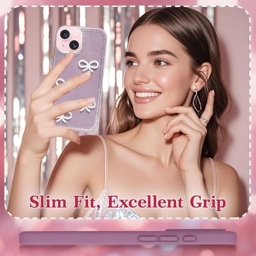 Image of DIZORO Compatible for iPhone 13 / iPhone 14 Cover 6.1, Luxury Diamond Cute with Bow Glitter Bling Case with Full Camera Protection PC+TPU Glossy Shiny Back Cover Case for Girls Women (Lavender)