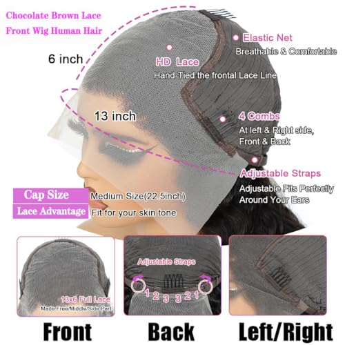 Image of JTMMP Chocolate Brown 13x6 Lace Front Wigs Human Hair 200% Density Body Wave Lace Front Wigs Human Hair 26 Inch HD Transparent Brazilian Virgin Frontal Wigs Human Hair Pre Plucked