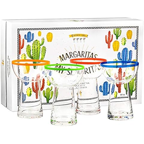 Large 14.5 oz Stemless Margarita Glasses + Colored Party Rims | Set of 4 | Heavy Duty, Thick, Hand Blown Glassware for Cocktail, Frozen Drink, Slushy + Fun Colorful Mexican Cactus Gift Box Cover