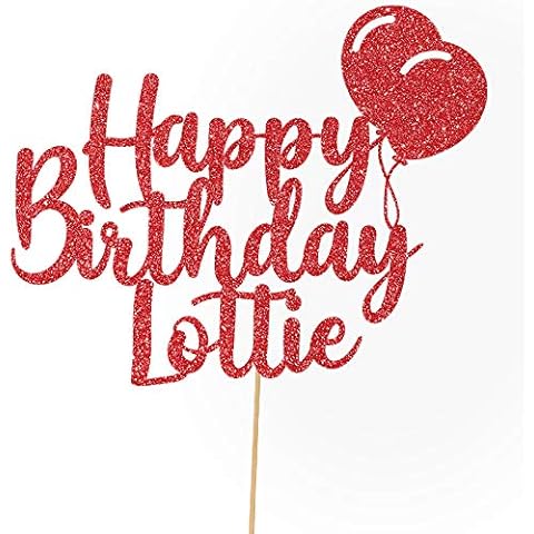 Personalised Happy Birthday Balloons Glitter Cake Topper by Cakeshop | Custom Colour Any Name Glitter Cake Decoration for 1st 10th 16th 18th 20th 21st 30th 40th 50th 60th 70th 80th (Red) Cover