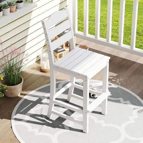 Image of Tangkula Patio HDPE Barstool, Outdoor High Top Bar Chair w /Backrest & Footrest, All-Weather Wood-Plastic Bar Height Chair for Poolside, Backyard, Porch (2, White)