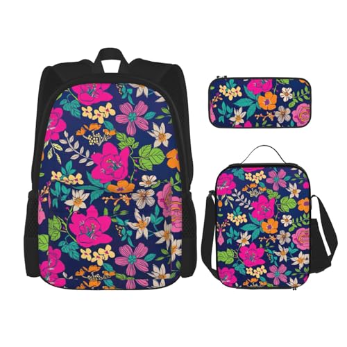Flowers Print 3 Piece Set Backpack, Lunch Bag, Pencil Case, Cute Sturdy For College And Travel