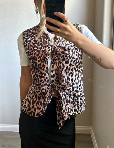 Yimoon Women's Floral Puffer Vest Leopard Print Tie Front Sleeveless Quilted Jacket Open Front Padded Gilet Outwear3