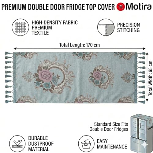 Image of Fridge Top Cover by Motira - Double Door & French Door Protector, Floral Embroidery with 6 Pockets 65 x 170 CM (Peacock Green).