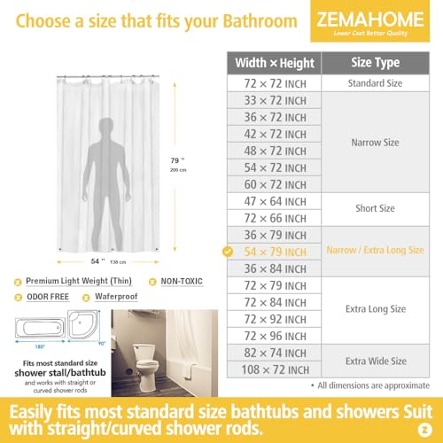 Image of ZEMAHOME Extra Long Narrow Clear Plastic Shower Curtain Liner - Lightweight 54 inch x 79 inch Transparent Bathroom Shower Showroom Curtain Liner with Rustproof Metal Gromments and Weighted Magnet