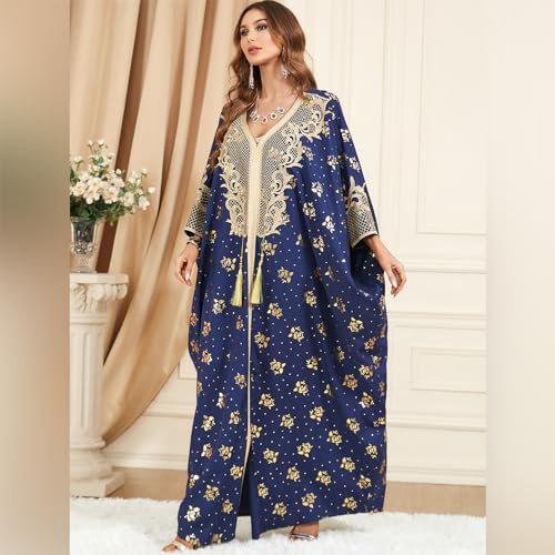 Image of OBEEII Muslim Dress for Women Loose Batwing Sleeved Hooded Beaded Embroidery Long Abaya Dress Kaftan Abayas Islamic Robe