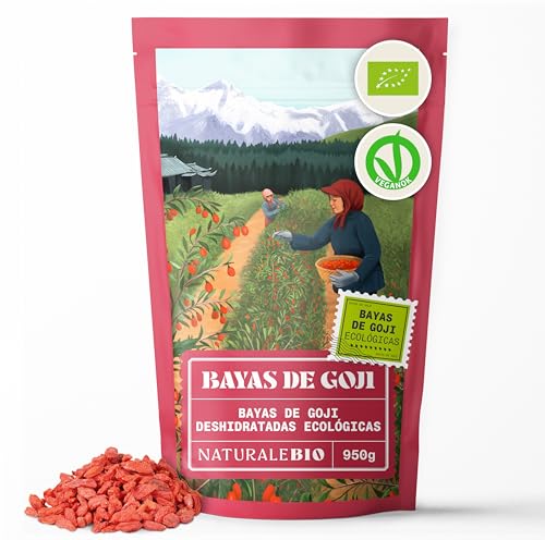 NaturaleBio Bayas de Goji 950 g. Superfruta seca tradicional china. Producto vegano y alto en fibra. Snack saludable, ecológico, sin OGM y sin gluten.