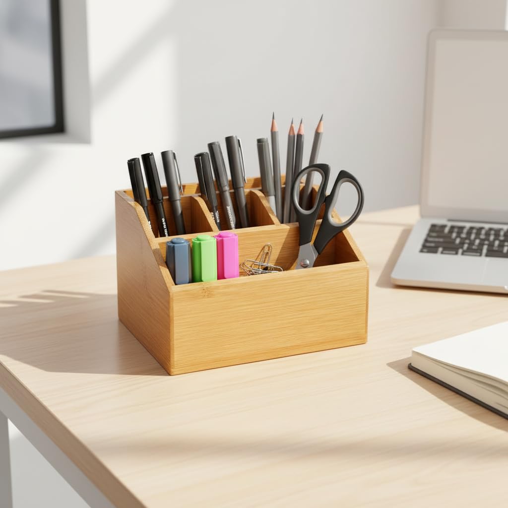 hausleben Organizer na biurko z bambusa – 5 przegródek, pojemnik na długopisy i organizer biurowy, półka na biurko do biura i biura (16 x 15 x 11 cm) | Uchwyt na długopisy i organizer na biurko z 5 przegródkami, organizer na biurko do domu i biura, 16 x 1
