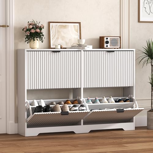Image of Shoe Cabinet Storage for Entryway with 4 Flip Drawers, White Fluted Shoe Cabinet with Adjustable Shelves, Wooden Hidden Shoes Rack Freestanding Narrow Slim Shoes Storage for Hallway, Entrance
