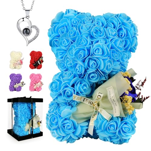 POHOMEGK Oso de Peluche de Rosas, con Ramo de Rosas, Regalo de San Valentín, para Mujer/mamá/Novia/niña, para cumpleaños,día de la Madre Regalo (Azul)