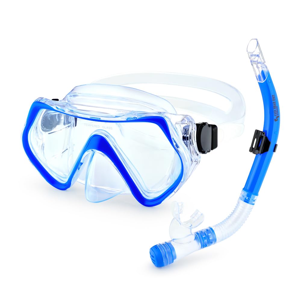 Two Bare Feet Adult PVC Snorkel & Mask Set – Anti-Fog Tempered Glass Diving Mask with Adjustable Snorkel for Snorkelling, Swimming & Scuba Diving (Blue)