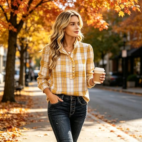 Womens Gingham Top Dressy Casual Long Sleeve Henley Ruffle Shirt - image 2