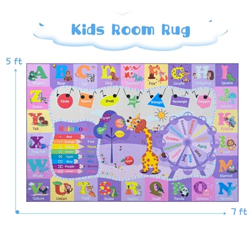 B BENRON Kids Rugs for Playroom Bedroom Classroom Nursery, Non-Slip and Washable Rugs for Children Toddlers Girls, Educational and Fun Rug Carpets with ABC Alphabet Animals Shapes, 5x7, Purple