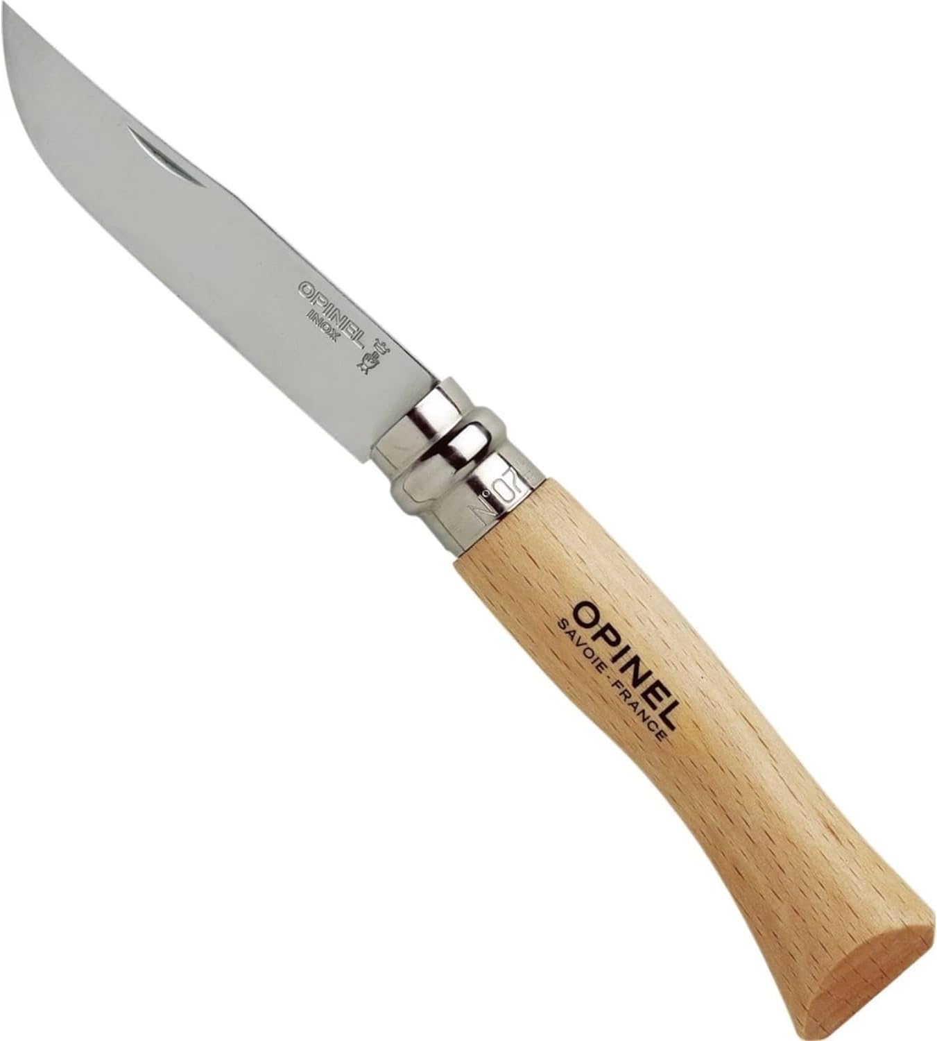 No. 07 INOX - Sandvik Stainless Steel Folding Pocket Knife, Beechwood Handle, 3.07 in Blade, Virobloc Safety Locking Collar, Made in France