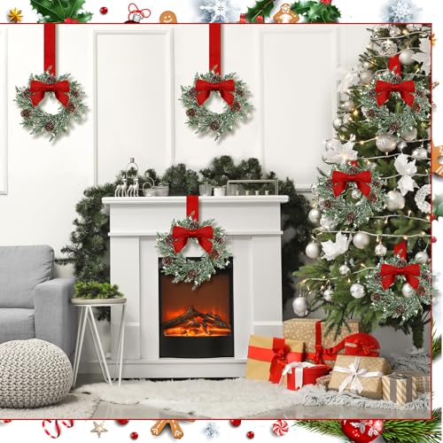 Image of Dingion 6 Pcs 6 inch Christmas Mini Cabinet Wreaths Cedar for Kitchen with Ribbon Bows Red Berry Frosted Cedar Pine Small Window Wreath for Window Door Home Wall Farmhouse Christmas Party Decorations