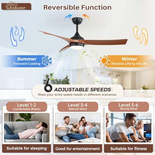 Image of Sofucor 52 Inch Modern Ceiling Fan with Light, Brown 3 ABS Blades | Remote Control Compatible, Reversible Quiet DC Motor, Timer, 6 Speeds, 3-CCT for Living Room Bedroom Patio Farmhouse