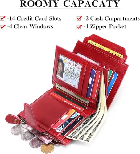 Small Wallet Women RFID Blocking Soft Leather Bifold Compact Card Holder Wallet for Women with Zipper Coin Pocket 4 ID Window Red2
